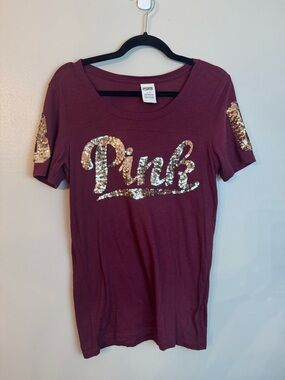 PINK Victoria's Secret Gold Sequin Logo T-Shirt Large
